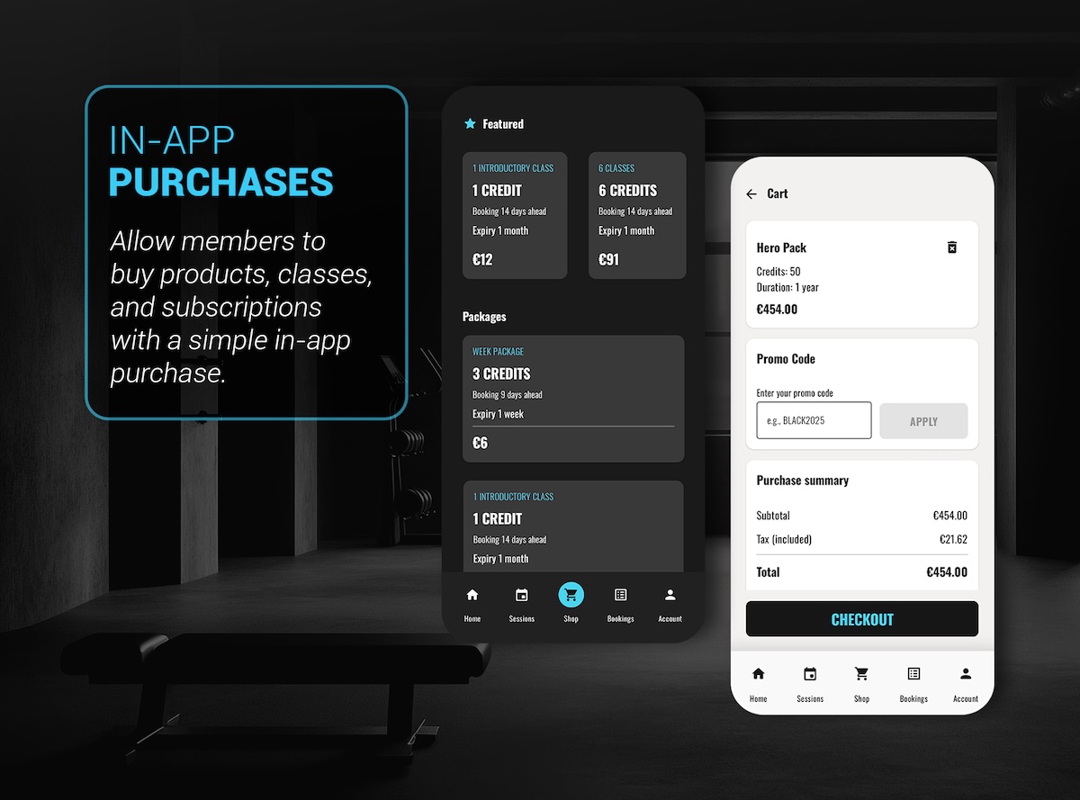 Packages and credit purchase screen inside the member app